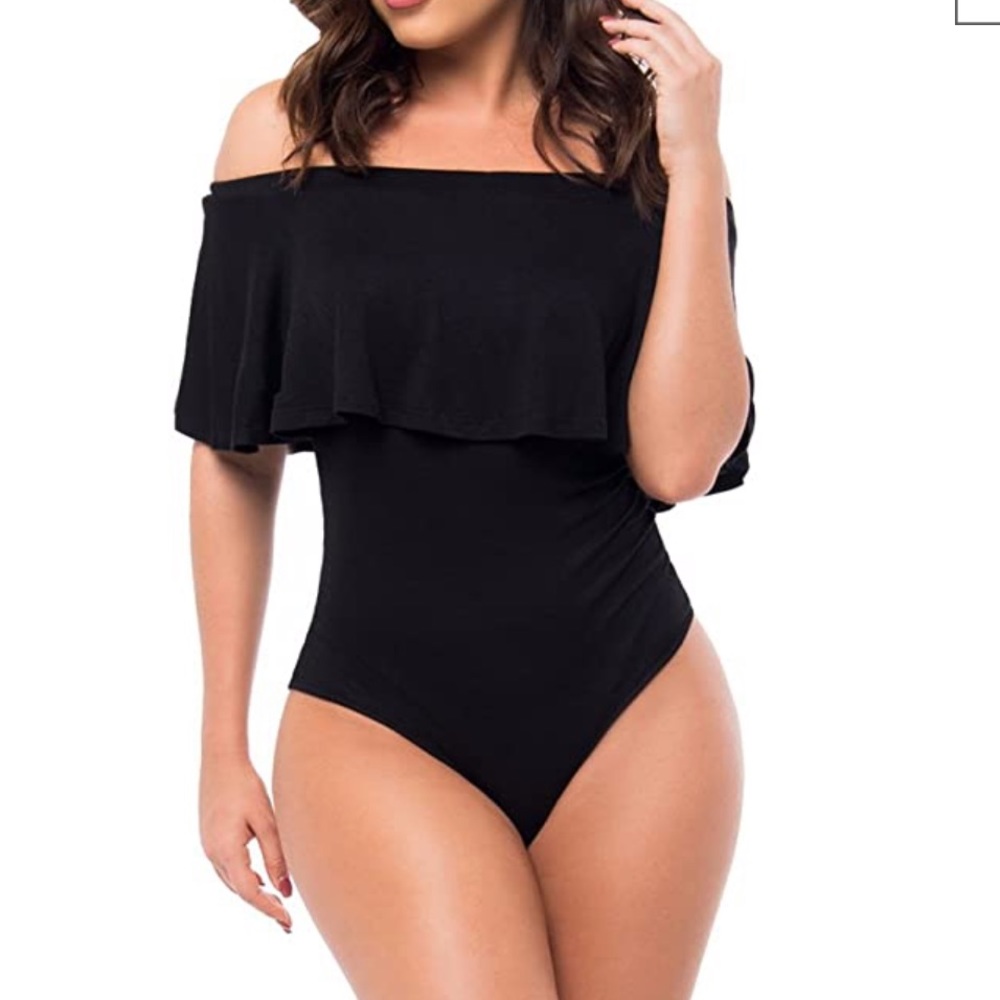 Black off the shoulder ruffle leotard